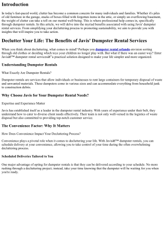 Declutter Your Life: The Benefits of Javis' Dumpster Rental Services