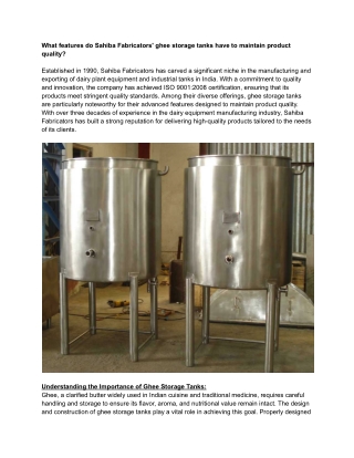 What features do Sahiba Fabricators' ghee storage tanks have to maintain product quality_