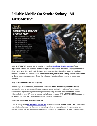 Mobile Car Service Sydney - MJ AUTOMOTIVE