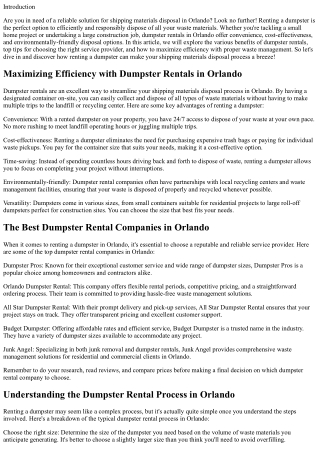 Shipping Materials Disposal: Rent a Dumpster in Orlando Today!