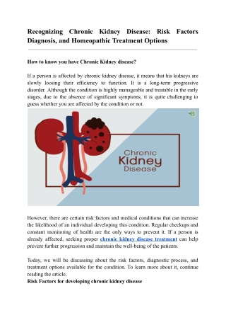 Recognizing Chronic Kidney Disease Risk Factors Diagnosis, and Homeopathic Treatment Options