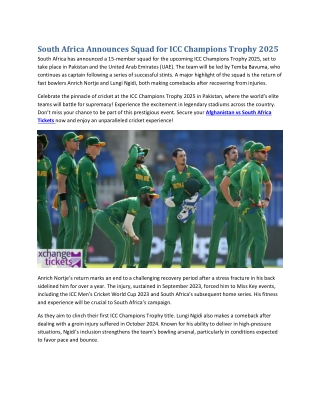 South Africa Announces Squad for ICC Champions Trophy 2025