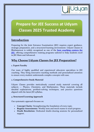 Prepare for JEE Success at Udyam Classes 2025 Trusted Academy