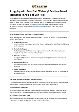 Struggling with Poor Fuel Efficiency - See How Diesel Mechanics in Adelaide Can Help