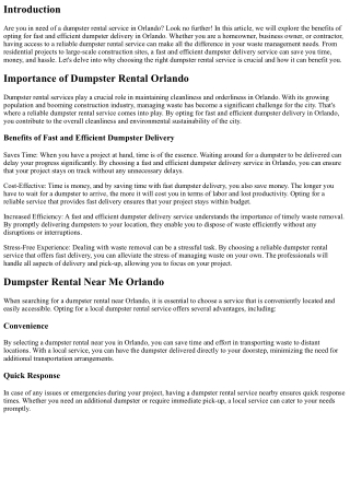 Why Opt for Fast and Efficient Dumpster Delivery in Orlando?