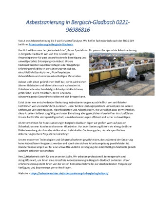 Asbestsanierung in Bergisch-Gladbach 0221-96986816