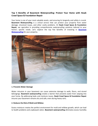 Top 5 Benefits of Basement Waterproofing Protect Your Home with Hawk Crawl Space & Foundation Repair