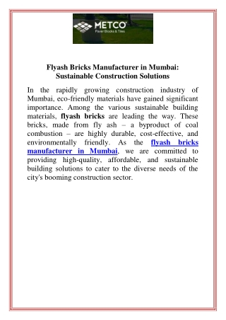 Flyash Bricks Manufacturer in Mumbai Sustainable Construction Solutions