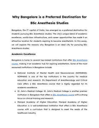 Why Bangalore is a Preferred Destination for BSc Anesthesia Studies