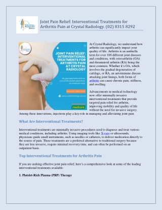 Joint Pain Relief Interventional Treatments for Arthritis Pain at Crystal Radiology. (02) 8315 8292