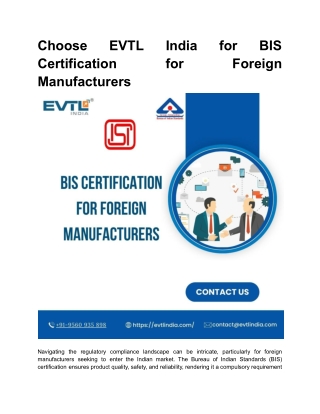Choose EVTL India for BIS Certification for Foreign Manufacturers