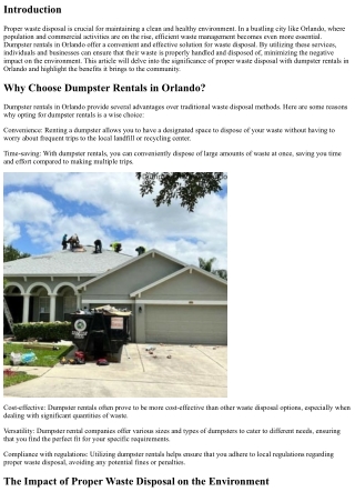 The Importance of Proper Waste Disposal with Dumpster Rentals in Orlando