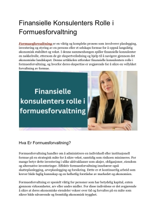 Finansielle Konsulenters Rolle i Formuesforvaltning