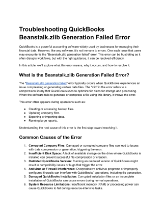 Troubleshooting QuickBooks Beanstalk.zlib Generation Failed Error