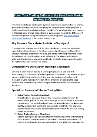Boost Your Trading Skills with the Best Stock Market Institute in Chandigarh