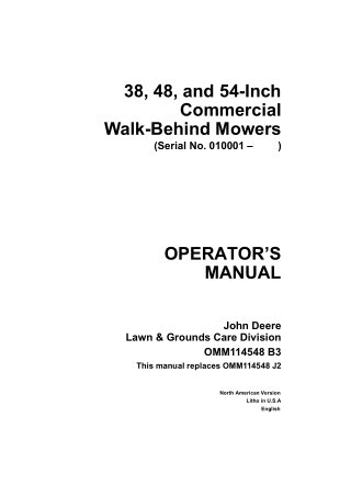 John Deere 38 48 and 54-Inch Commercial Walk-Behind Mowers Operator’s Manual Instant Download (pin.010001-) (Publication