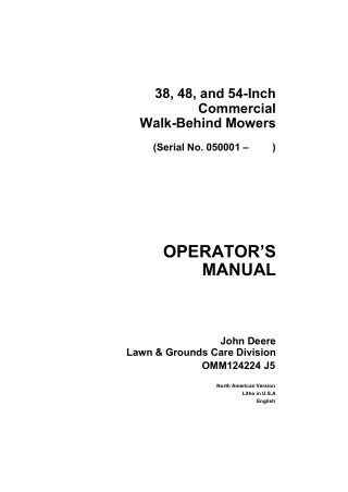 John Deere 38 48 and 54-Inch Commercial Walk-Behind Mowers Operator’s Manual Instant Download (pin.050001-) (Publication