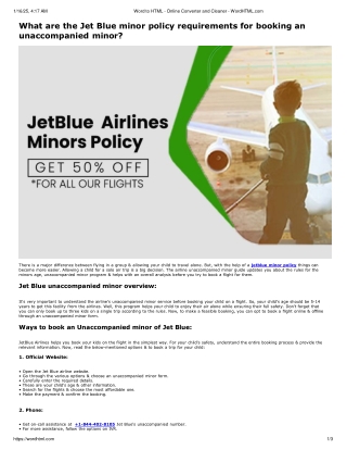 What are the JetBlue minor policy requirement for booking an unaccompanied minor