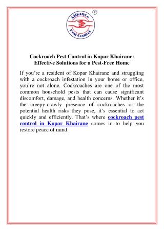 Cockroach Pest Control in Kopar Khairane Effective Solutions for a Pest Free Home