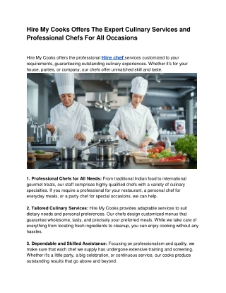 Hire My Cooks Offers The Expert Culinary Services and Professional Chefs For All Occasions
