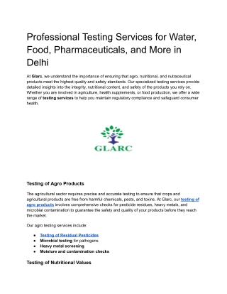 Professional Testing Services for Water, Food, Pharmaceuticals, and More in Delhi