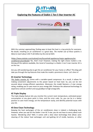 Exploring the Features of Daikin 1 Ton 5 Star Inverter AC - Rathan Air Conditioners