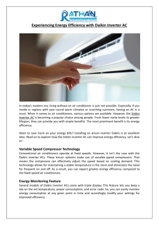 Experiencing Energy Efficiency with Daikin Inverter AC - Rathan Air Conditioners
