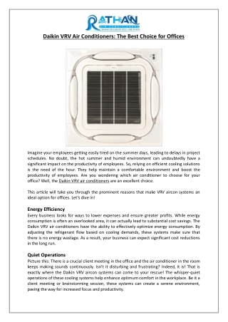 Daikin VRV Air Conditioners The Best Choice for Offices - Rathan Air Conditioners