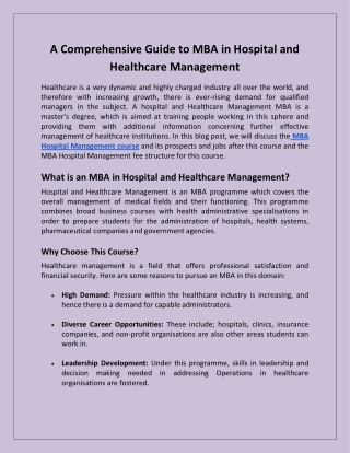 A Comprehensive Guide to MBA in Hospital and Healthcare Management