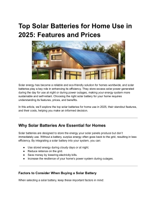 Top Solar Batteries for Home Use in 2025: Features and Prices