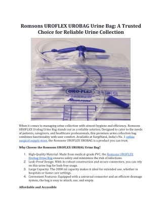 Romsons UROFLEX UROBAG Urine Bag: A Trusted Choice for Reliable Urine Collection