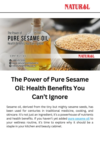 The Power of Pure Sesame Oil Health Benefits You Can’t Ignore When it comes to choosing the right cooking oil, the optio