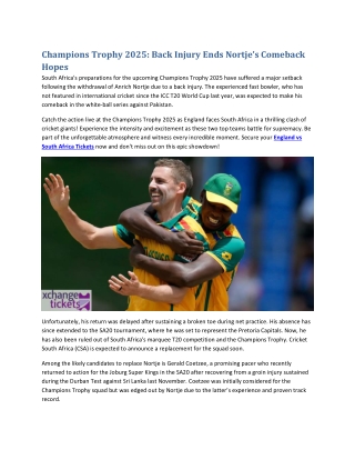 Champions Trophy 2025 Back Injury Ends Nortje’s Comeback Hopes