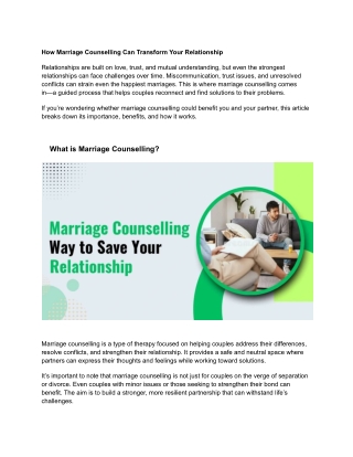 How Marriage Counselling Can Transform Your Relationship