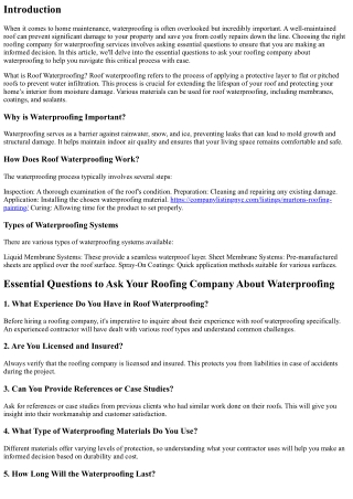 Essential Questions to Ask Your Roofing Company About Waterproofing