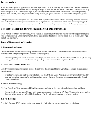 The Best Materials for Residential Roof Waterproofing
