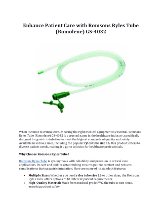 Enhance Patient Care with Romsons Ryles Tube (Romolene) GS-4032