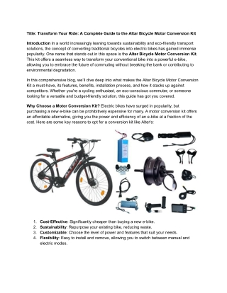 Transform Your Ride with Alter Bikes: The Ultimate Motor Conversion Kit Experien