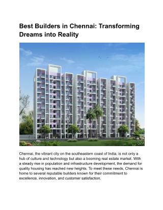 Best Builders in Chennai: Transforming Dreams into Reality