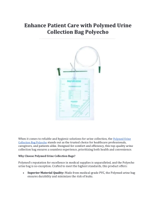 Enhance Patient Care with Polymed Urine Collection Bag Polyecho