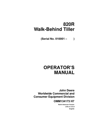 John Deere 820R Walk-Behind Tiller Operator’s Manual Instant Download (pin.010001-) (Publication No.OMM134173)
