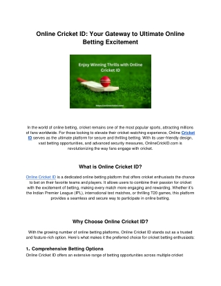 Online Cricket ID: Your Gateway to Ultimate Online Betting Excitement