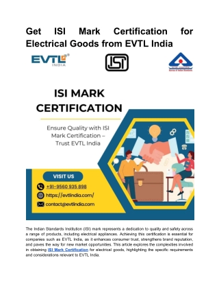 Get ISI Mark Certification for Electrical Goods from EVTL India