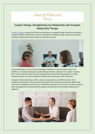 Couples Therapy: Strengthening Your Relationship with Annapolis Relationship