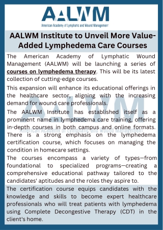 AALWM Institute to Unveil More Value-Added Lymphedema Care Courses