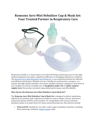 Romsons Aero Mist Nebulizer Cup & Mask Set: Your Trusted Partner in Respiratory