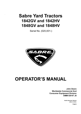 John Deere 1842GV and 1842HV 1848GV and 1848HV Sabre Yard Tractors Operator’s Manual Instant Download (pin.020001-) (Pub