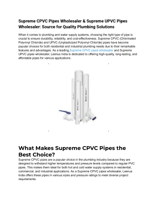 Source for Quality Plumbing Solutions_ Supreme CPVC Pipes Wholesaler & Supreme UPVC Pipes Wholesaler