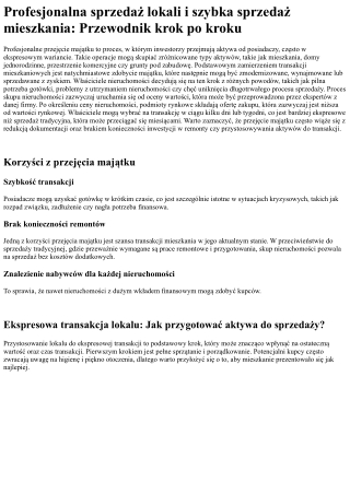 Szybka sprzedaż nieruchomości: Transakcje mieszkaniowe i szybka sprzedaż mieszka