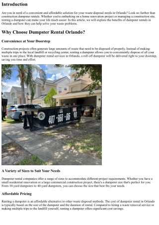 Construction Dumpster Rentals in Orlando: The Solution to Your Waste Problems